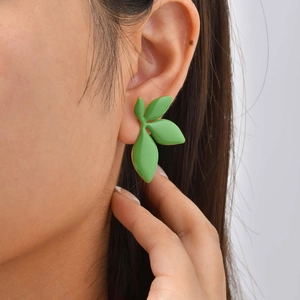 Elegant green leaf stud earrings in stainless steel with a glossy enamel finish for women