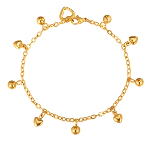 Golden stainless steel chain bracelet with polished heart and bead charms on white background