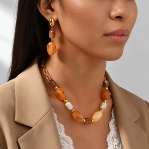 Vintage Stainless Steel Irregular Resin Bead Jewelry Set For Women Gold Plated Amber Orange Marble Pattern Necklace Drop Earrings