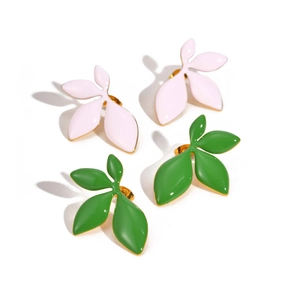 Elegant stainless steel leaf stud earrings with green and pink enamel finish for women