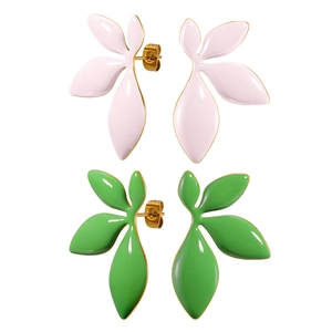 Minimalist stainless steel leaf stud earrings with green and pink enamel finish