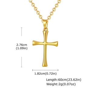 Detail view of gold cross pendant with dimensions and twisted chain necklace specs