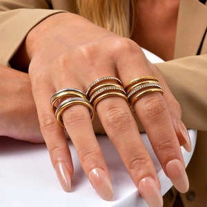Stainless Steel Multi Layer Rhinestone Stackable Rings For Women Ins Style Gold Silver Plated Full Drill Geometric Finger Ring Jewelry
