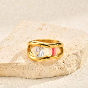 Ins style wavy double stone ring with pink rectangle and oval clear zircon crystals