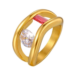 Golden wide hollow wave ring with square ruby and round zircon in brushed metal finish