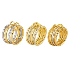 Three-piece set of multilayered stainless steel rings with rhinestone pavé and matte texture