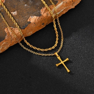 Double-layered gold stainless steel rope chain necklace with a minimalist cross pendant