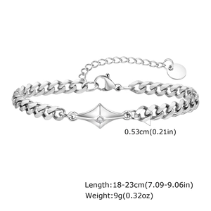 Detail showing 0.53cm wide stainless steel Cuban link chain with star charm and size info