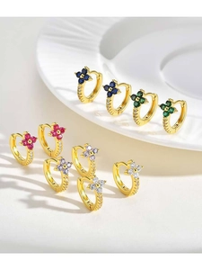 Detail of floral hoop earrings featuring colorful teardrop-shaped zircon petals