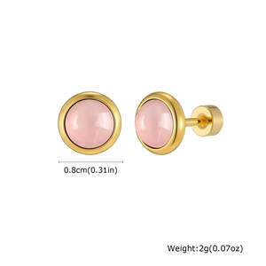 Detail view of pink round stud earrings with gold screw backs and 0.8cm diameter