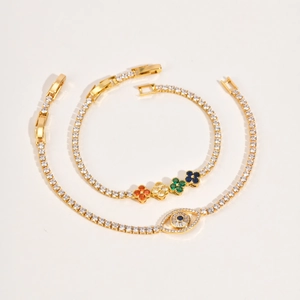 Exquis Bracelet en Cuivre Zirconia Coloré Trèfle Mauvais Oeil Chaîne Tennis Plaquée Or Bijoux de Mode pour Femmes