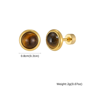 Detail view of tiger eye stud earrings with dimensions 0.8cm and secure screw backs