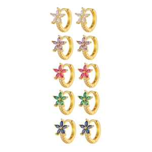 Set of five gold plated huggie hoop earrings with colorful zircon flower charms