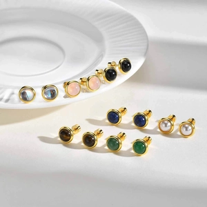 Minimalist Stainless Steel Natural Stone Stud Earrings Gold Plated Round Lapis Lazuli Tigers Eye Screw Back Jewelry For Women