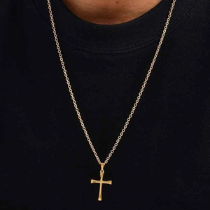 Polished gold stainless steel cross pendant necklace with a delicate chain for women and men