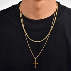 Men's double-layered gold stainless steel cross pendant and twisted rope chain necklace