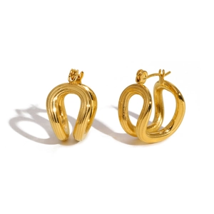 Detailed view of golden U-shaped earrings featuring vertical textures and a vintage finish