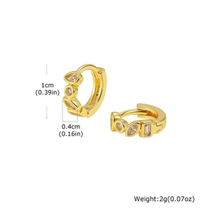 Detailed dimensions of gold huggie earrings featuring colorful teardrop cubic zirconia