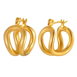 Double-layered U-shape stainless steel gold hoop earrings with twisted texture design