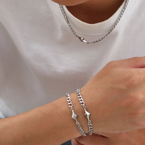 Stainless Steel Cuban Link Bracelet And Necklace For Men Women Star Rhombus Rhinestone Pendant Hip Hop Fashion Hand Jewelry