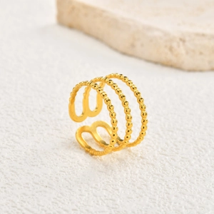 Detailed view of gold triple-layered beaded texture on adjustable open ring band