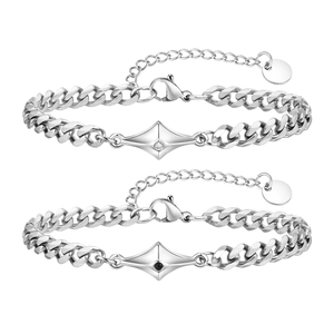 Classic silver stainless steel Cuban link bracelets with diamond star pendants for couples