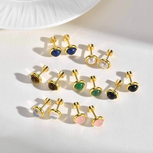 Set of 7 pairs of gold stainless steel stud earrings with natural lapis and tiger eye stones