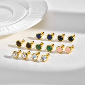 7-pair set of stainless steel stud earrings with colorful natural stone inlays in gold plating