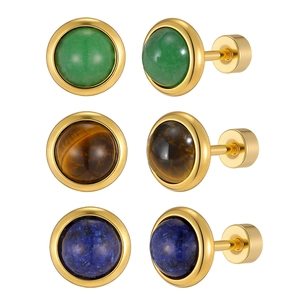 Three pairs of stainless steel stud earrings with lapis lazuli and tiger eye stones