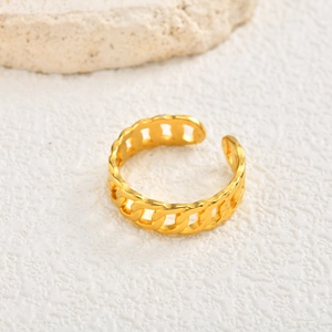 Detailed close-up of golden stainless steel triple-layer snake weave open ring with matte finish