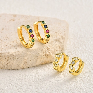 Korean Style Copper Colorful Rhinestone Huggie Hoop Earrings Gold Plated Geometric Teardrop Earring Set For Women Daily Jewelry