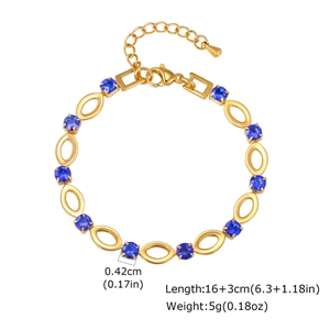 Gold stainless steel oval chain bracelet with blue zircon accents and adjustable clasp