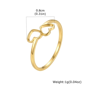 Detail view of gold double heart ring showing 0.8cm width and 1g lightweight design