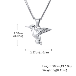 Detail of hummingbird pendant dimensions and 50cm chain length measurements