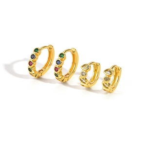 Gold huggie hoop earrings with colorful zircon droplets and round sparkling gemstones
