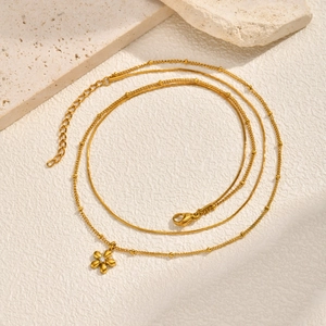 French Retro Stainless Steel Double Layer Necklace Gold Plated Flower Pendant Rhinestone Snake Chain Jewelry For Women