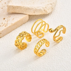 Gold-plated stainless steel woven serpent ring set with adjustable open bands on stone