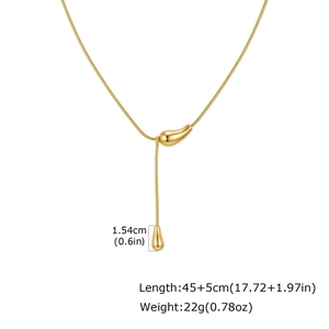 Détail du collier en Y goutte dorée avec spécifications de longueur et de pendentif