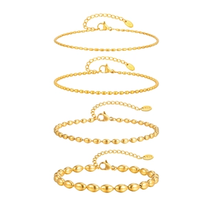 Set of 4 gold stainless steel bead anklets with lobster clasps and K18 tags