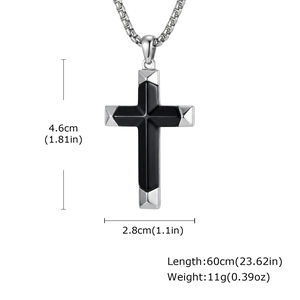 Detailed view of black onyx cross pendant with dimensions 4.6cm height and 2.8cm width