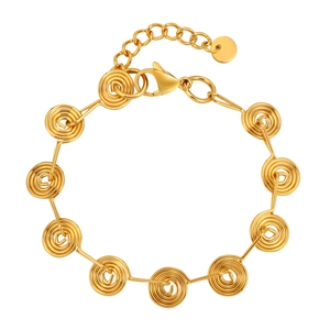 Gold stainless steel bracelet featuring geometric spiral rings and lobster clasp closure