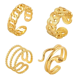 Gold stainless steel multi-layered snakeskin and cuban chain open adjustable rings
