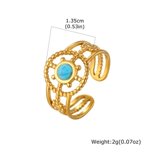 Detail view of gold turquoise ring with beadwork design showing 1.35cm size dimension