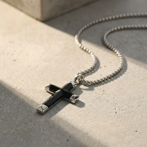 Stainless Steel Cross Pendant Necklace Inlaid With Black Agate Punk Industrial Religious Jewelry For Men Women Daily