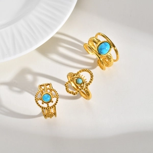 Three-piece set of gold stainless steel rings with vintage blue turquoise stones