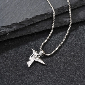Sleek stainless steel hummingbird pendant necklace on box chain with realistic feather detail