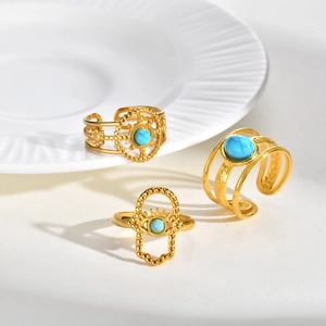 Bohemian Stainless Steel Turquoise Open Ring For Women Vintage Evil Eye Mandala Sun Pattern Adjustable Retro Jewelry Ring