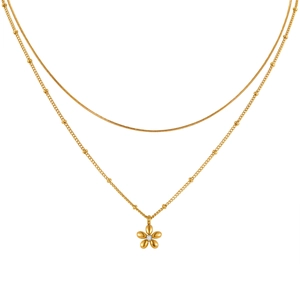 Double-layer gold stainless steel square snake chain with floral pendant and cubic zirconia