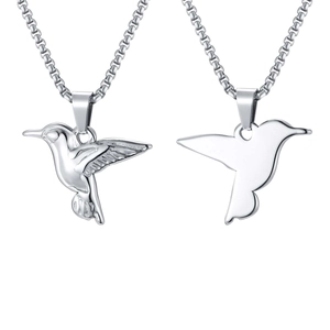 Front and back views of a minimalist silver hummingbird pendant with a sturdy cable chain