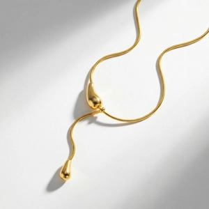 Collier Lariat en Forme de Goutte d'Eau en Acier Inoxydable Vintage Français Plqué Or Chaîne Serpent en Y Bijoux Femme